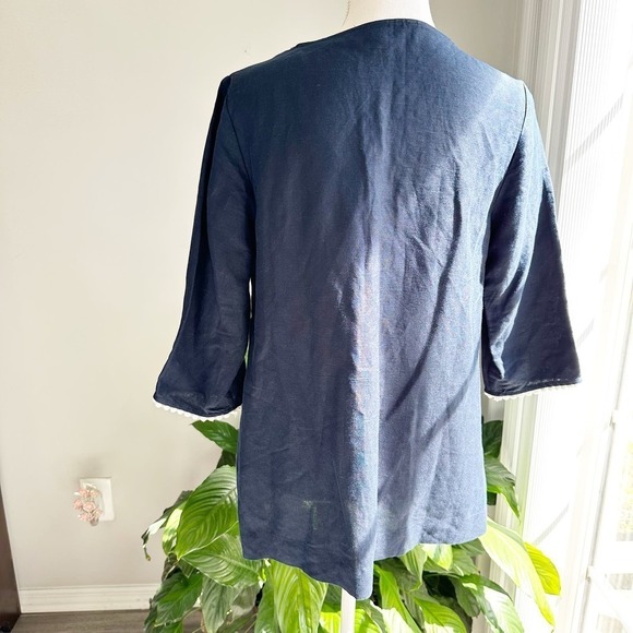 Linen Blend Context Navy Blue Blouse 3/4 Sleeve Size Small Lord and Taylor - Picture 2 of 7